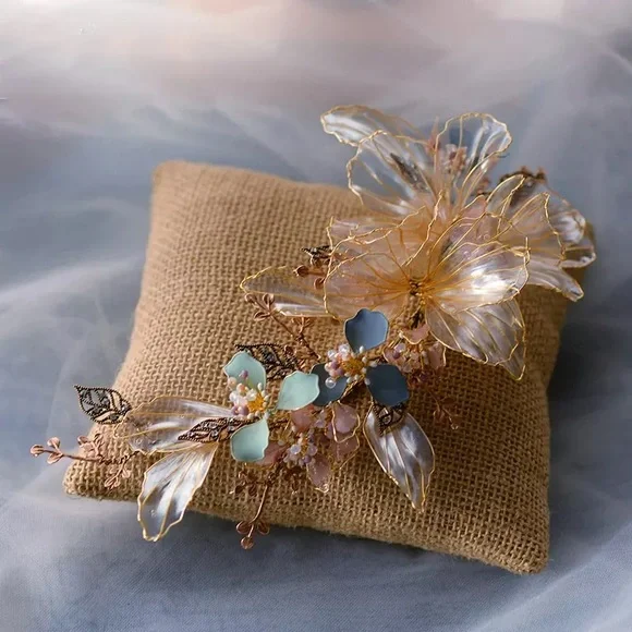 Iris APFEL 1pcs Crystal Leaf Flower Bridal Barrette Hair Pins Crochet Flower Necklace, Beaded Long Lariat, Handmade Boho  main image 2